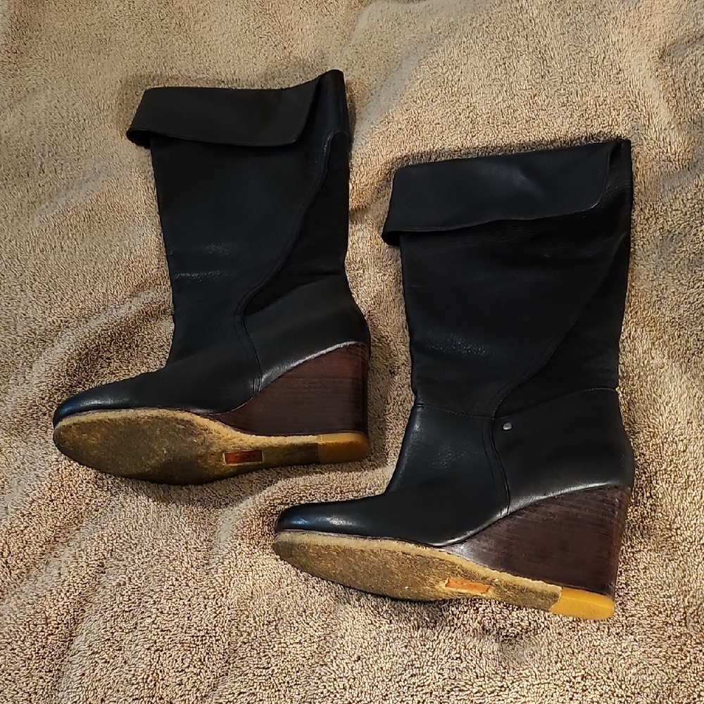 Black Leather UGG Wedge Boots
